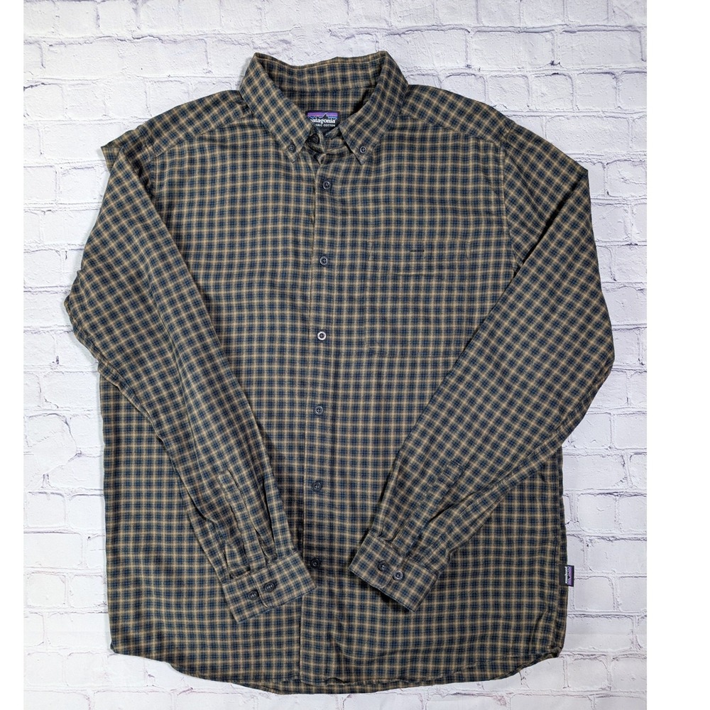 Patagonia STY53900 Flannel Shirt Mens Large Organic Cotton Plaid Brown Blue L/S